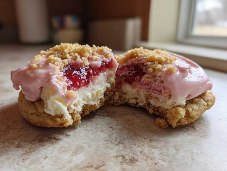 A strawberry cheesecake cookie split in half showing the layers of cookie base, cheesecake filling, strawberry jam, and pink frosting.