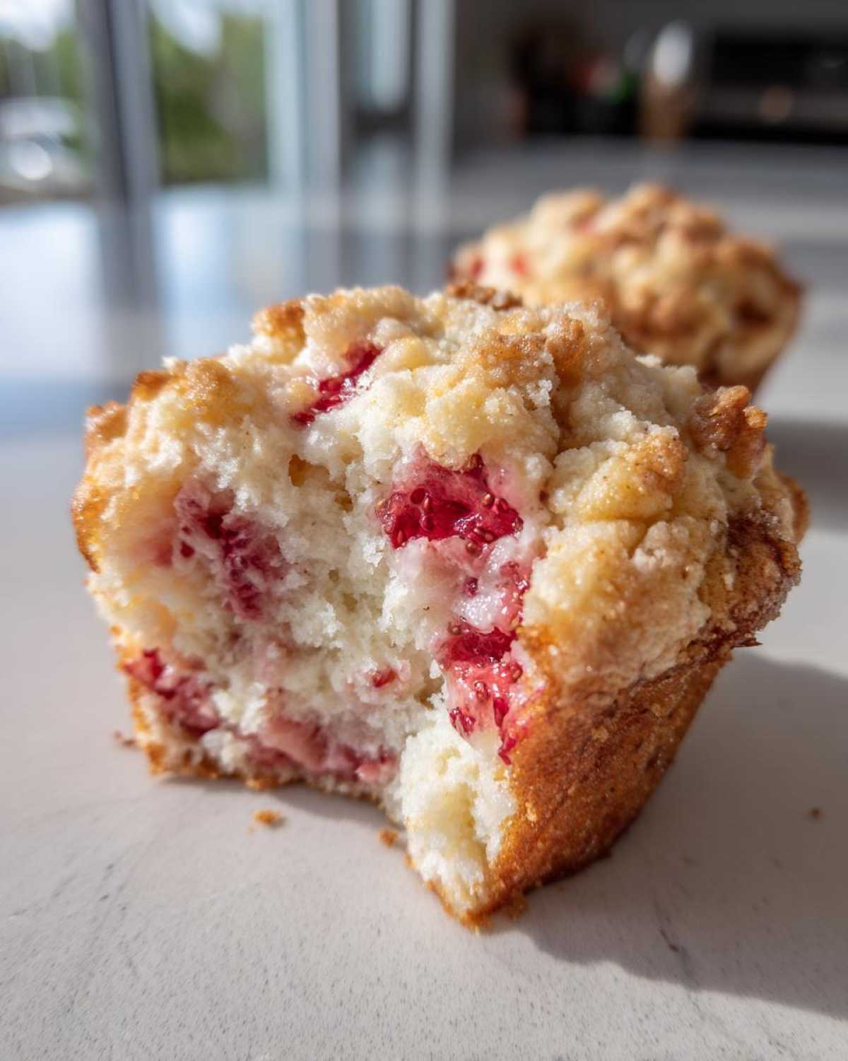Close-up of a delicious strawberry muffin, broken open to show the moist interior filled with bright red fruit and a crumbly streusel topping.