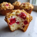 A close-up view of a strawberry muffins cut in half showing the moist interior, cream cheese swirl, and streusel topping.