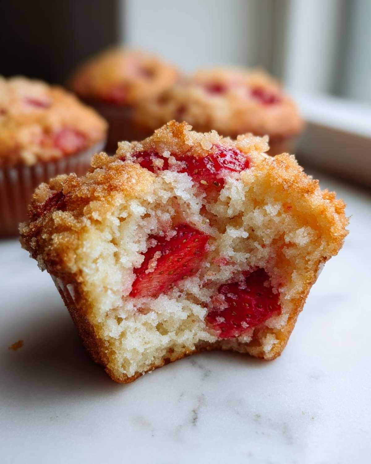 Close-up of a bitten strawberry muffin showing the moist crumb and large pieces of fresh strawberry inside.