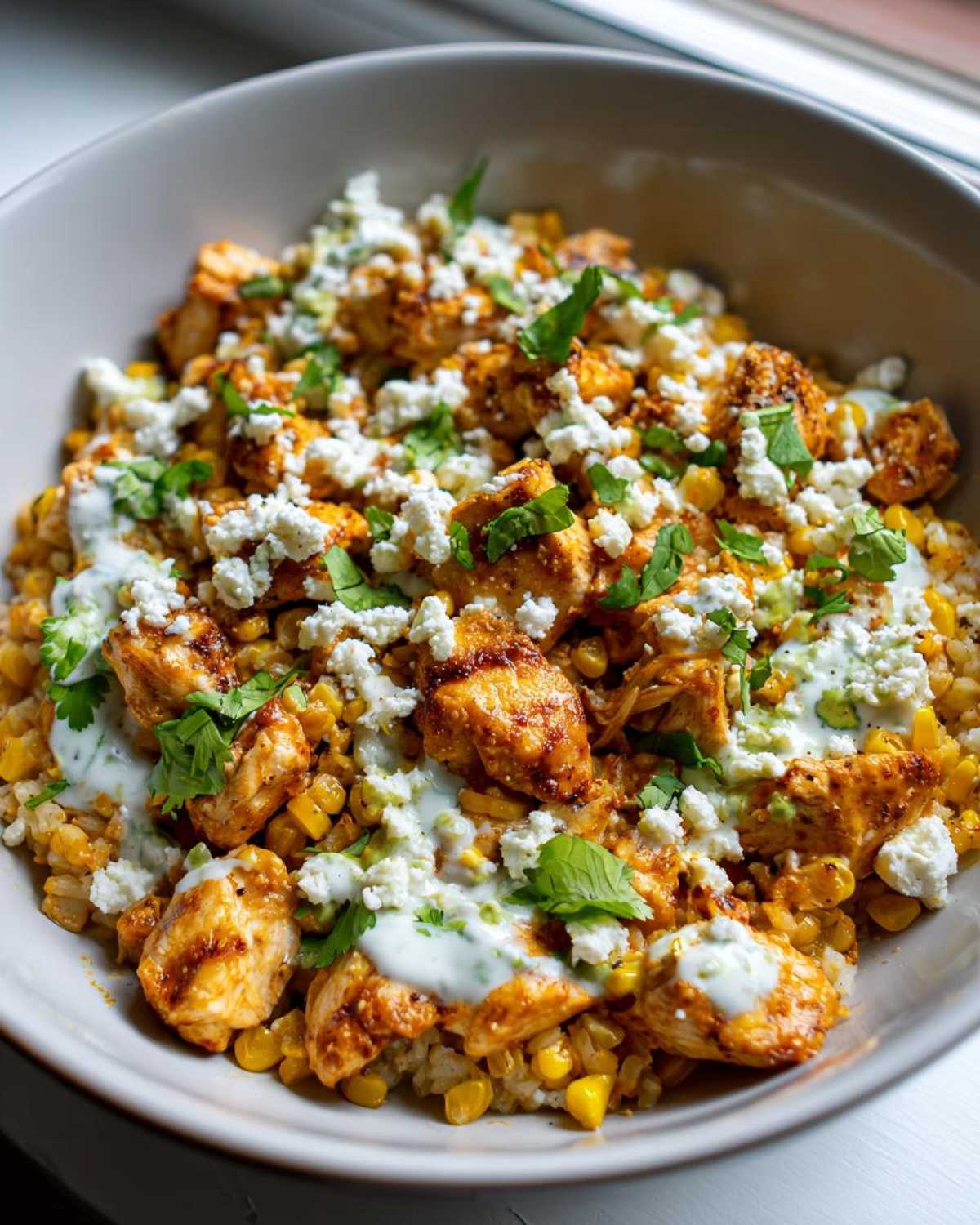 Close-up of a street corn chicken rice bowl topped with seasoned chicken, corn, cotija cheese, and cilantro cream sauce.