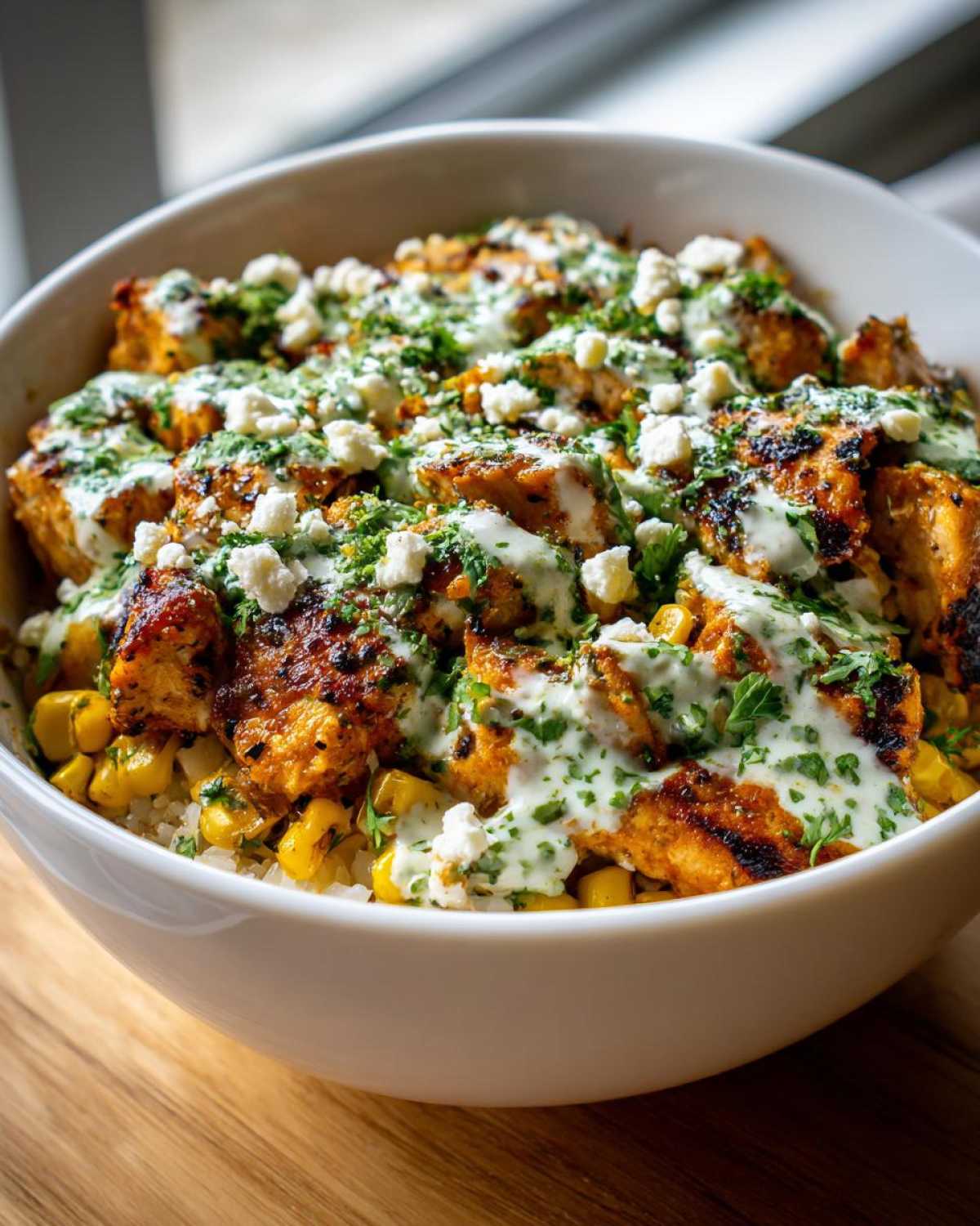 Close-up of a street corn chicken rice bowl topped with creamy sauce, cotija cheese, and cilantro.