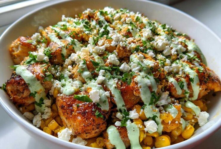 A close-up of a street corn chicken rice bowl featuring seasoned chicken, corn, cotija cheese, and a drizzle of green sauce.