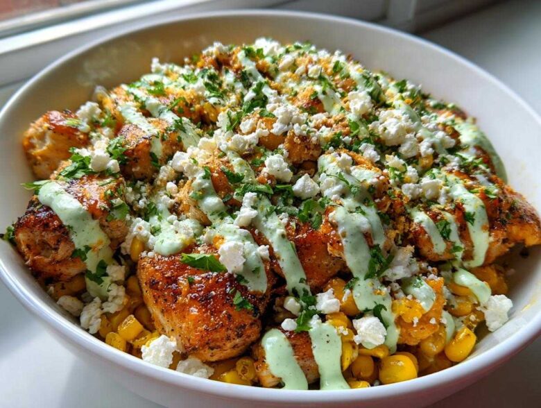 A close-up of a street corn chicken rice bowl featuring seasoned chicken, corn, cotija cheese, and a drizzle of green sauce.