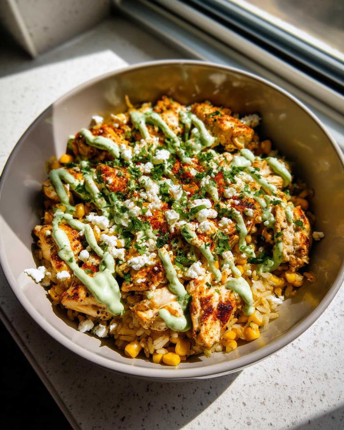 Close-up of a street corn chicken rice bowl topped with cotija cheese, cilantro, and a green crema drizzle.