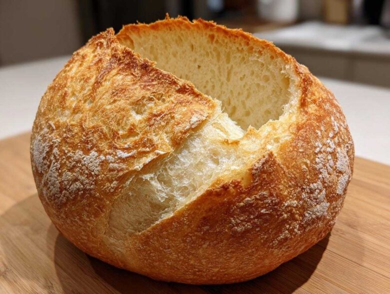 A golden-brown, round loaf of artisan bread with a scored top, ready to be turned into sturdy bread bowls.
