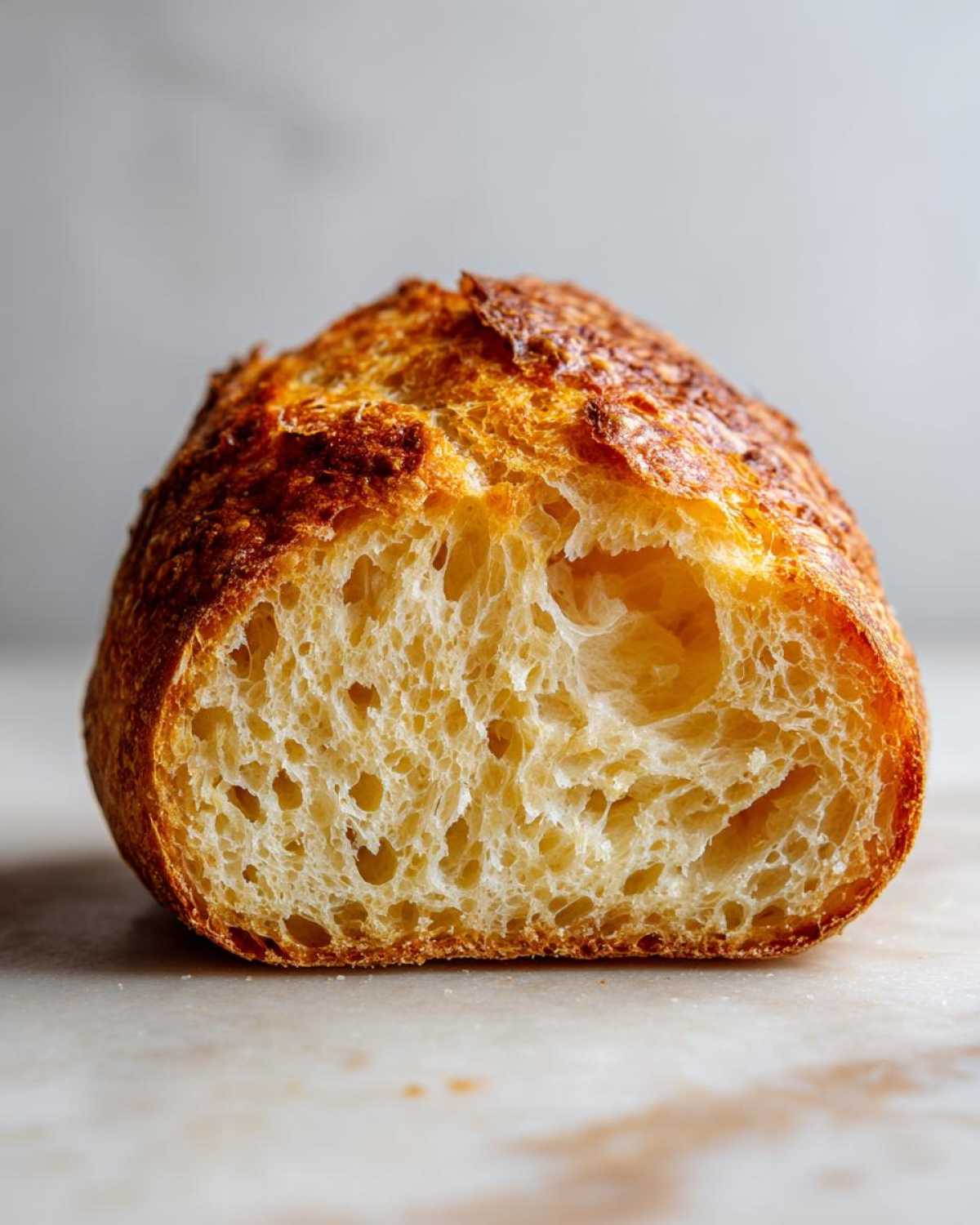 Close-up of a cross-section showing the open, airy crumb structure inside a sturdy bread bowl.
