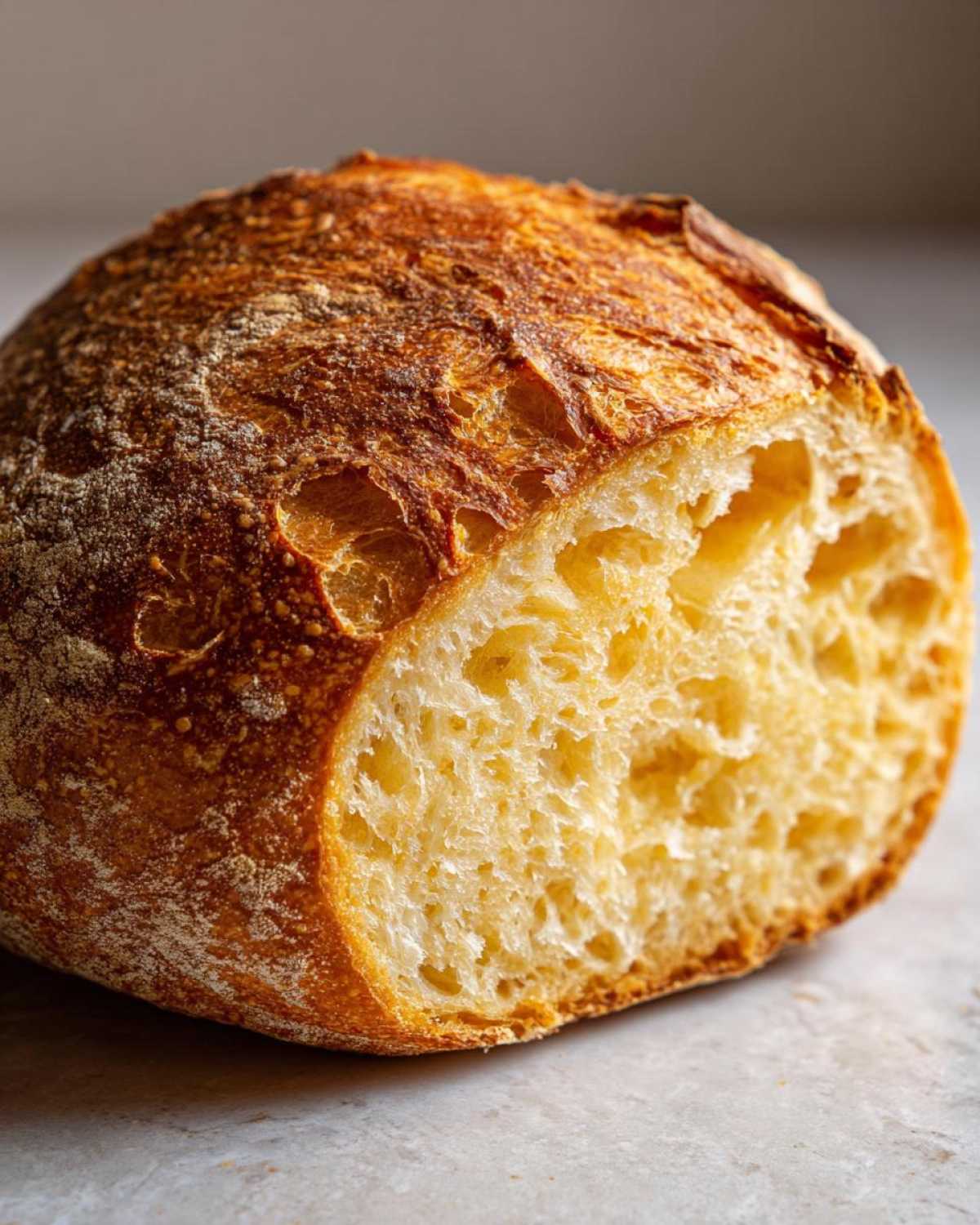 Close-up of a freshly baked loaf showing a thick, golden-brown crust and an open, airy crumb structure suitable for bread bowls.