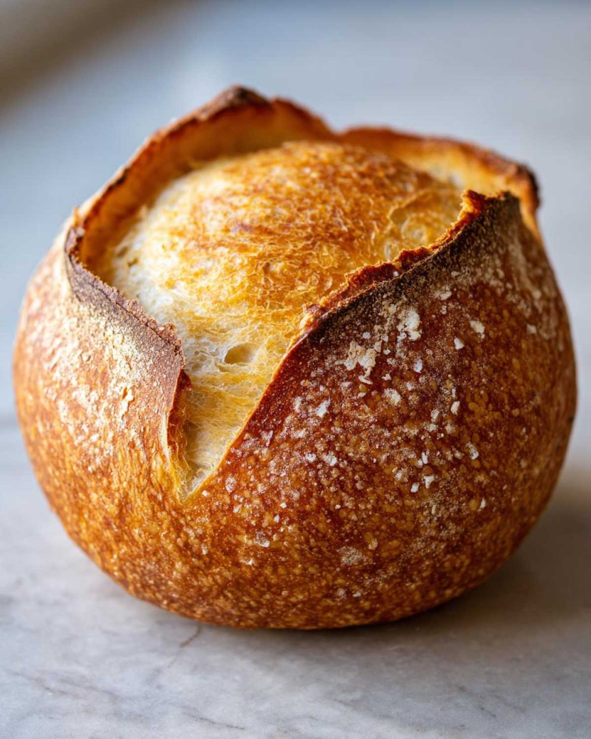Close-up of a round, crusty sourdough loaf with a deep score, ready to be turned into bread bowls.