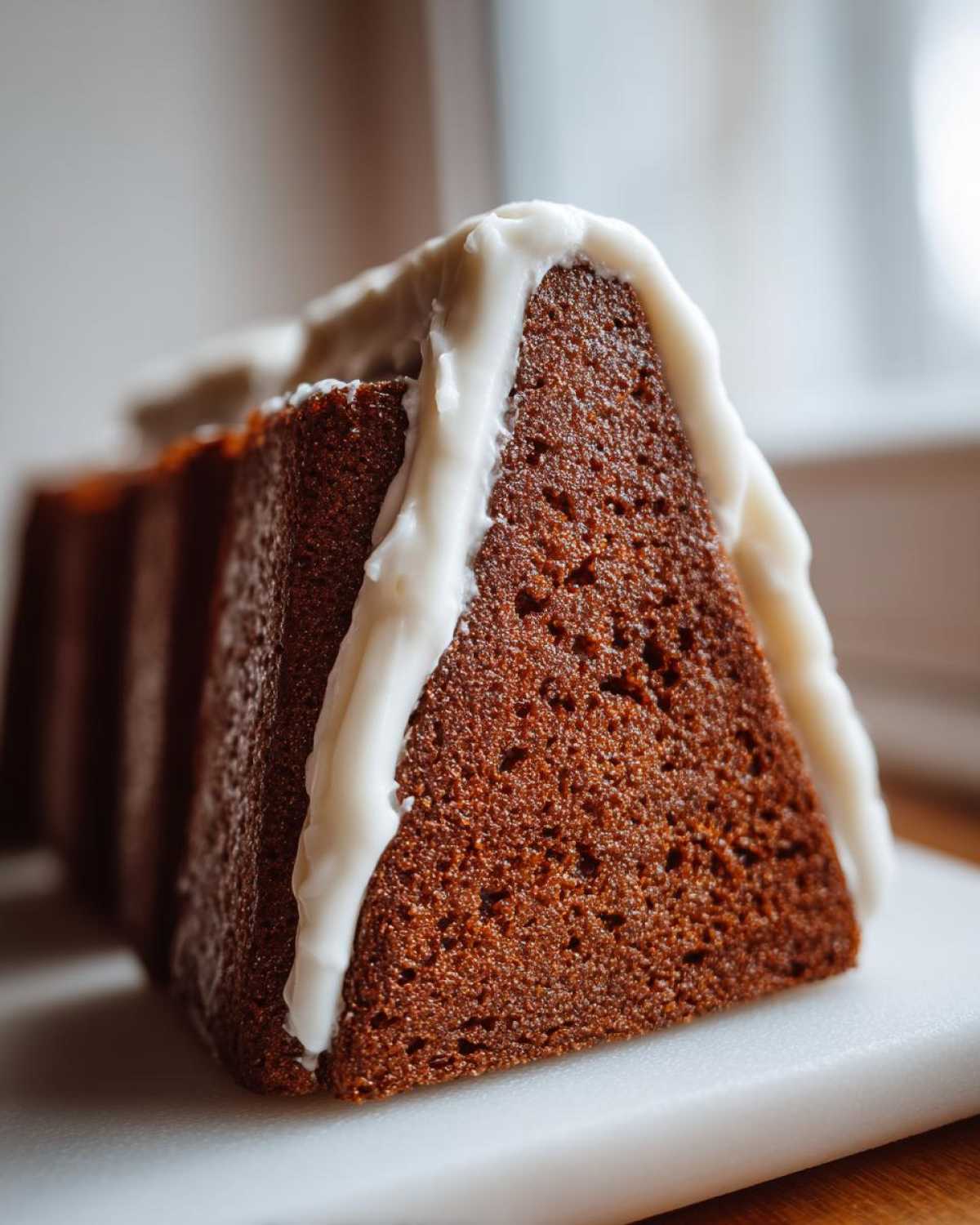 Close-up of a slice of dark brown gingerbread cake topped with thick white royal icing.