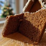 Close-up of two thick slices showing the dense, moist crumb of the gingerbread house recipe material.