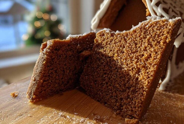 Close-up of two thick slices showing the dense, moist crumb of the gingerbread house recipe material.