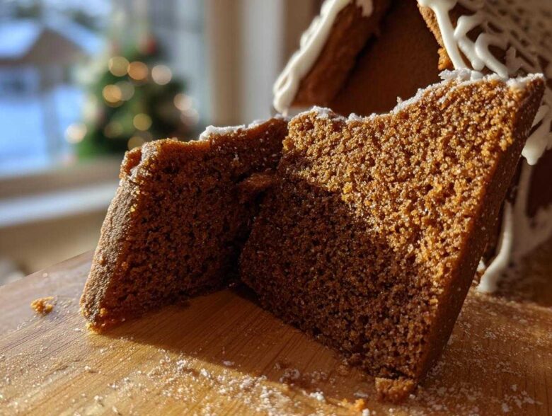 Close-up of two thick slices showing the dense, moist crumb of the gingerbread house recipe material.