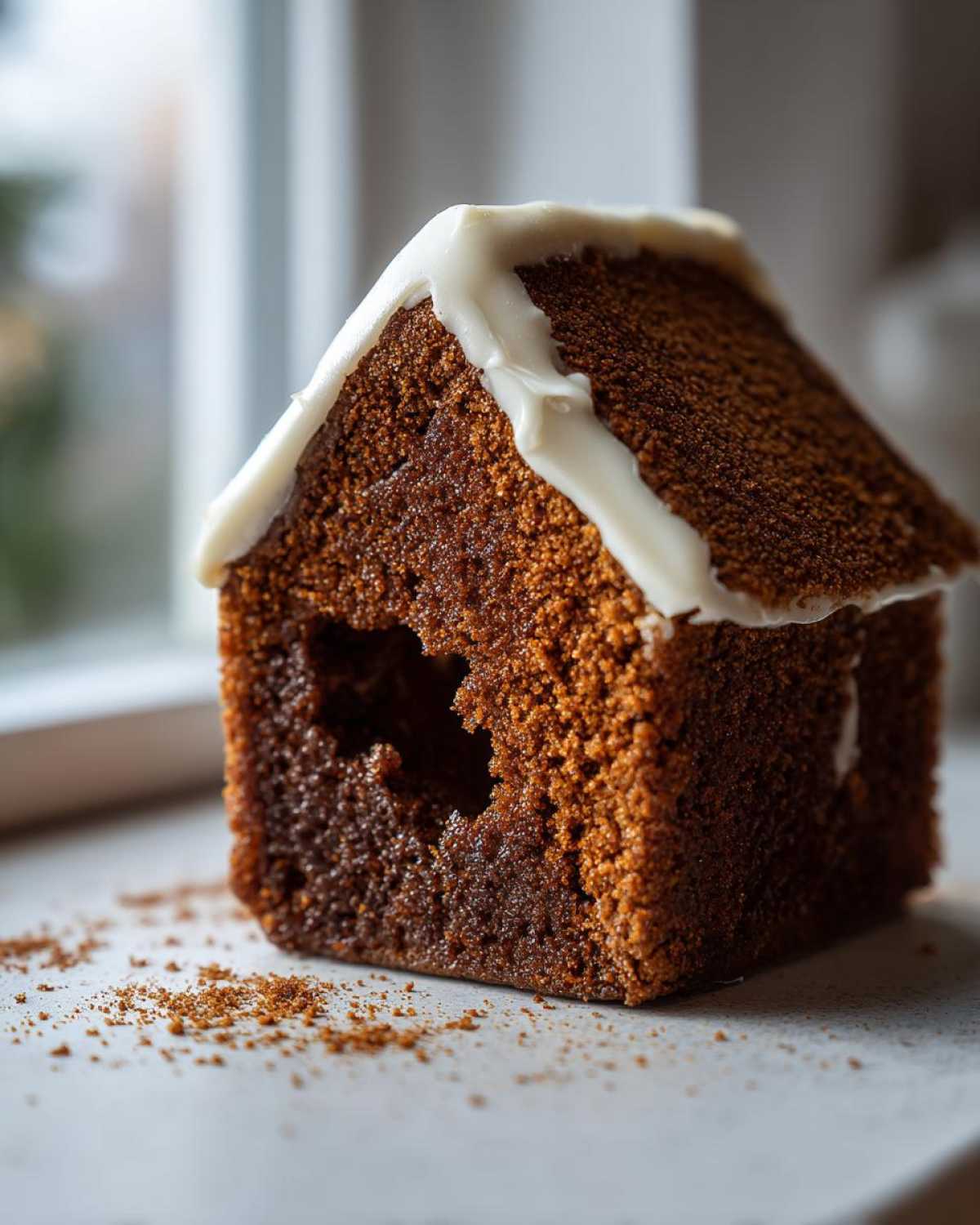 A close-up of a piece of sturdy gingerbread house structure, featuring rich brown texture and white royal icing along the roofline.