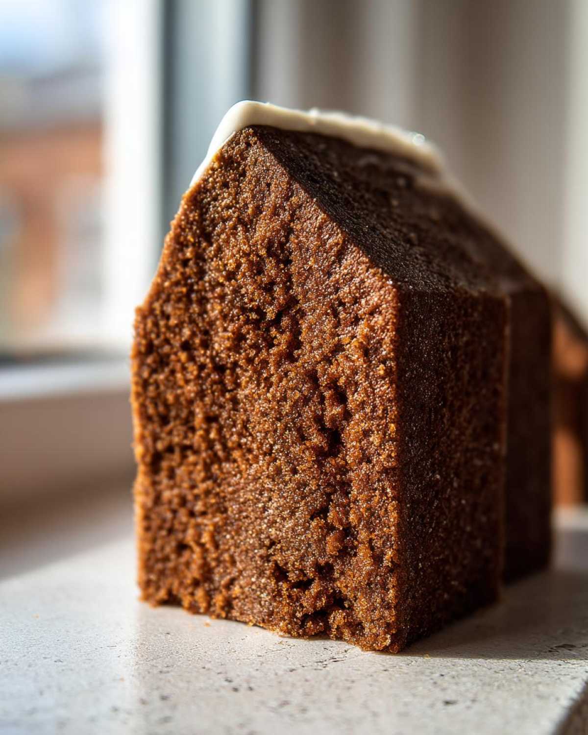 Close-up of a piece of dark brown, textured gingerbread dough shaped like a house wall, topped with white icing, part of a gingerbread house recipe.