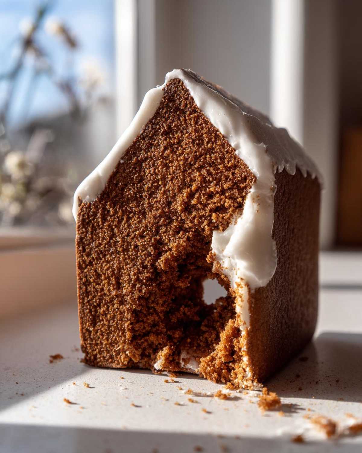 A close-up cross-section of a thick, sturdy piece of gingerbread house recipe wall, showing the dense crumb and white icing roof trim.