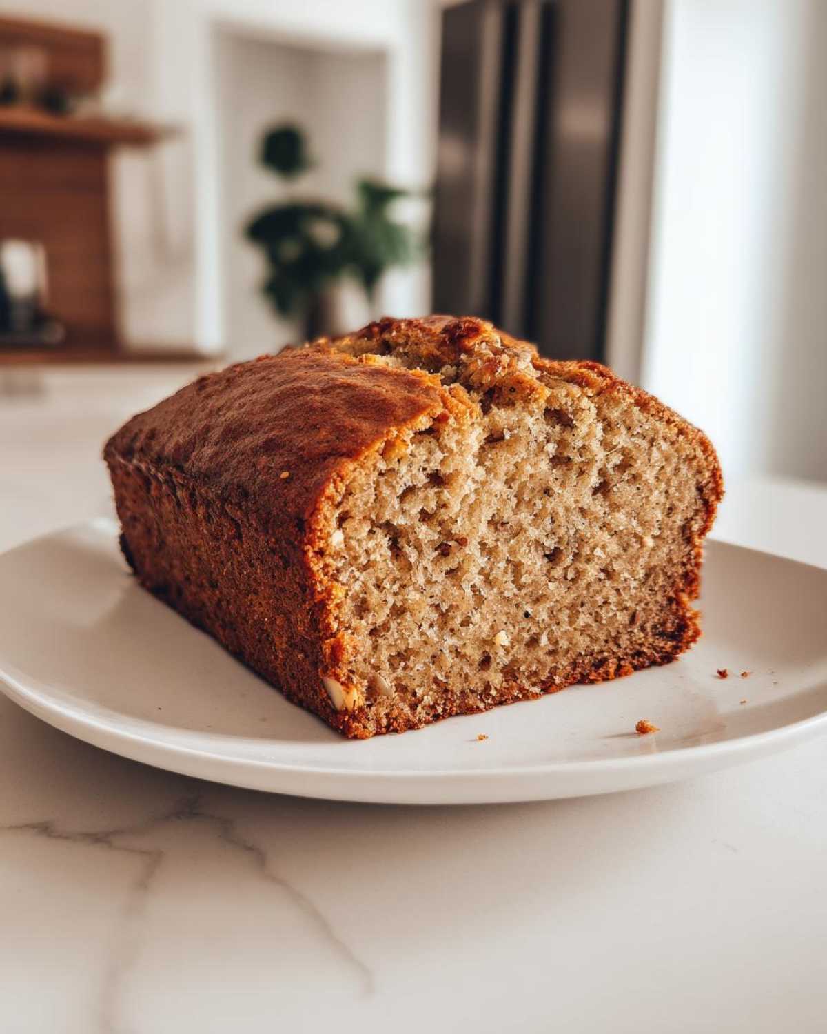 A close-up of a freshly baked loaf slice of sugar free banana bread resting on a white plate.