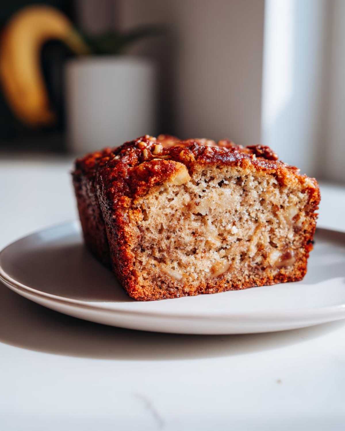 Close-up of a moist slice of sugar free banana bread topped with nuts, served on a light plate.