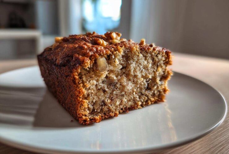 Close-up of a moist slice of sugar free banana bread topped with walnuts, resting on a white plate.