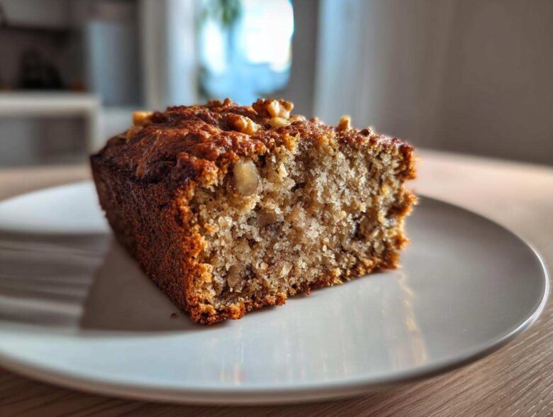 Close-up of a moist slice of sugar free banana bread topped with walnuts, resting on a white plate.