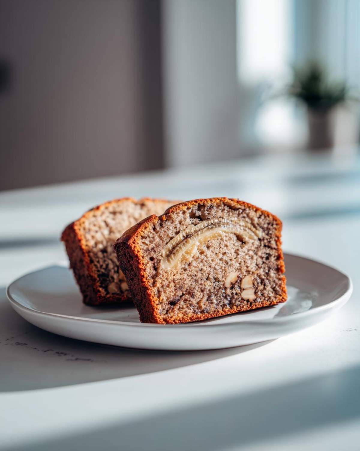 Two slices of moist sugar free banana bread featuring visible walnuts and a banana swirl, served on a white plate.