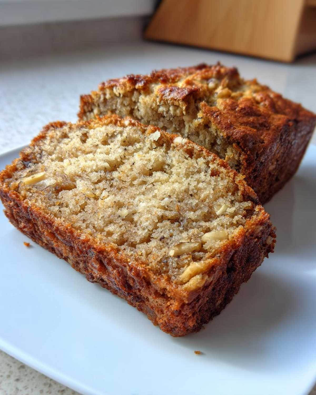 Two thick slices of moist sugar free banana bread showing a dense crumb and walnuts, served on a white plate.