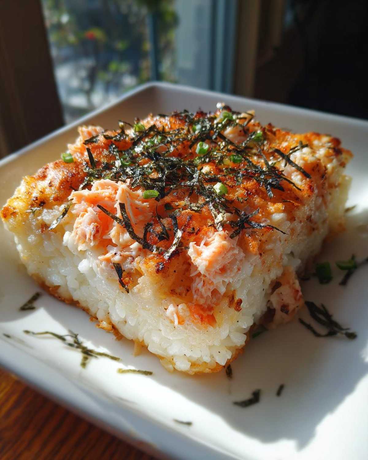 A square serving of baked salmon sushi bake, featuring a layer of rice topped with flaky salmon and shredded nori.