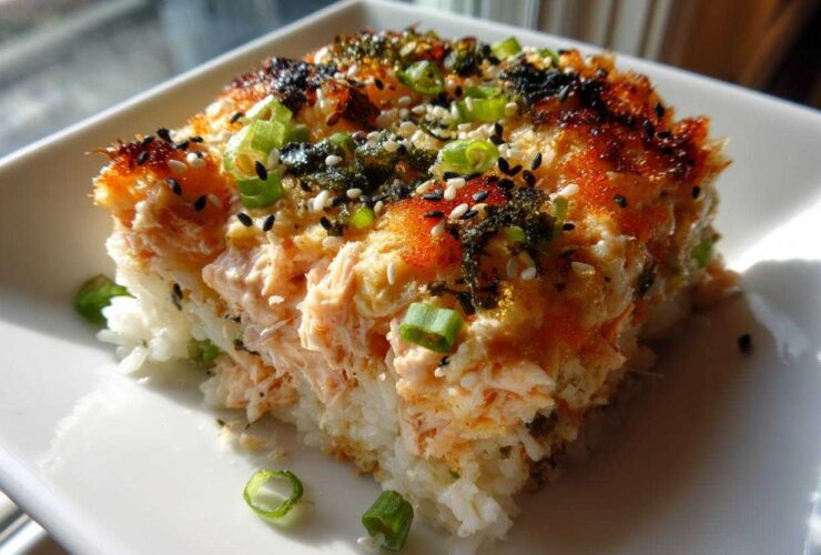 A square serving of baked salmon sushi bake topped with furikake, sesame seeds, and green onions.