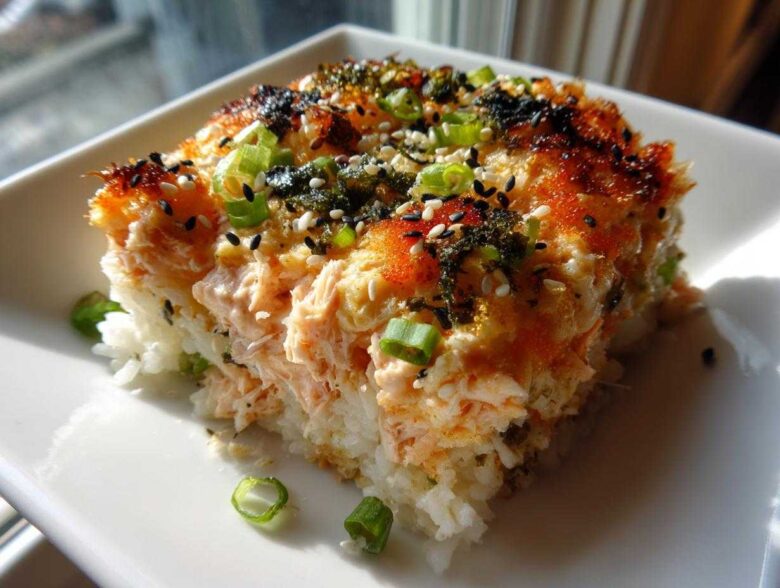 A square serving of baked salmon sushi bake topped with furikake, sesame seeds, and green onions.