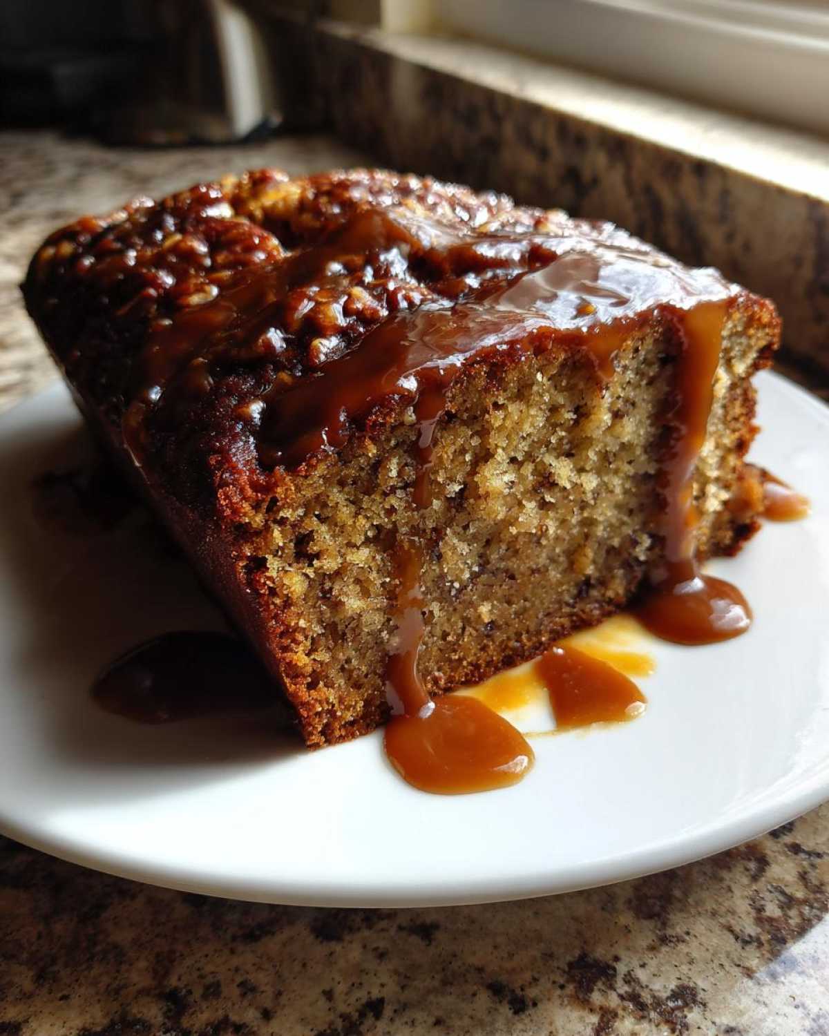 A moist slice of sweet Alabama pecan bread topped with thick caramel sauce and pecans.