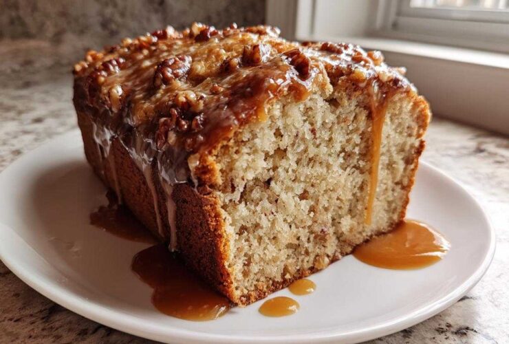 A slice of moist Sweet Alabama Pecan Bread topped with a thick, dripping caramel glaze and pecans.