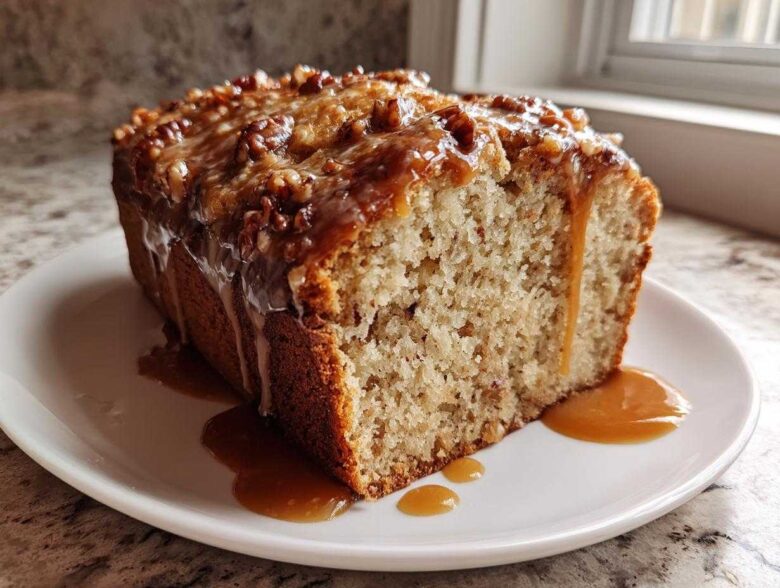 A slice of moist Sweet Alabama Pecan Bread topped with a thick, dripping caramel glaze and pecans.