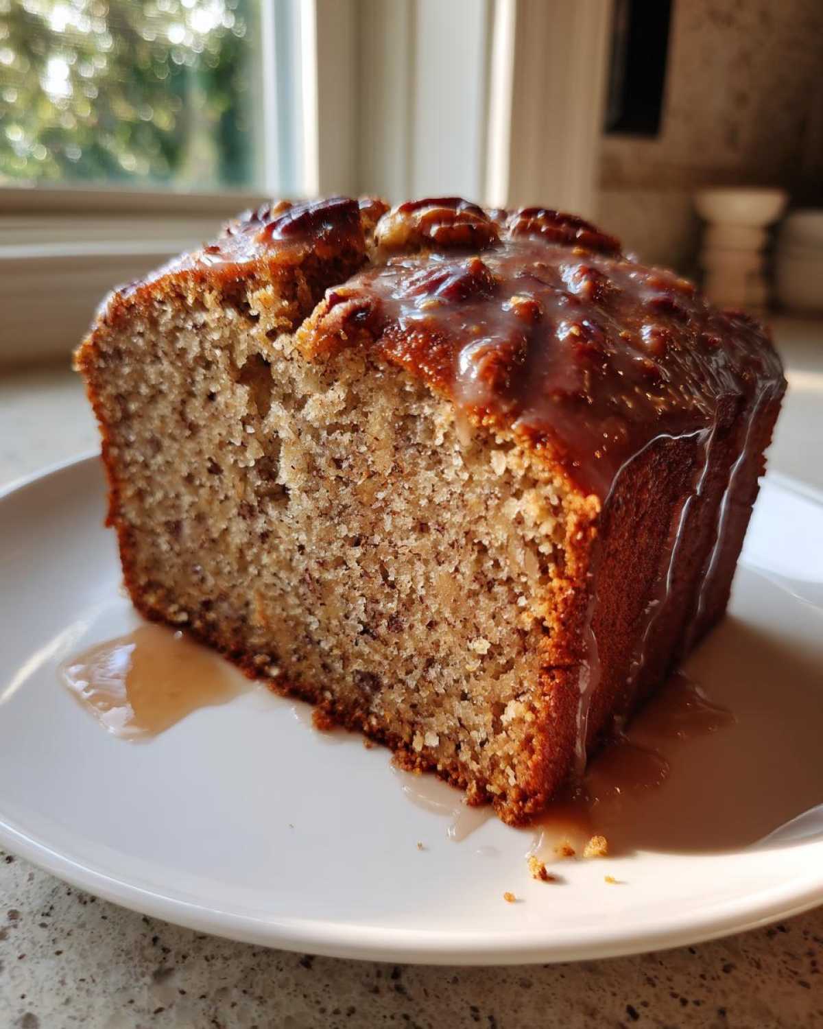 A thick slice of moist sweet Alabama pecan bread topped with pecans and dripping with caramel glaze.