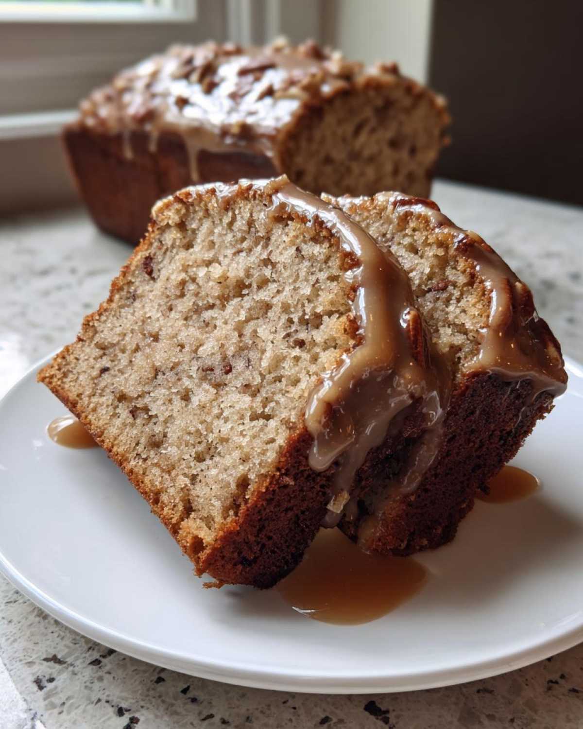 Two thick slices of sweet Alabama pecan bread drizzled with a rich caramel glaze, served on a white plate.