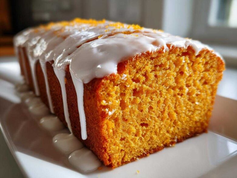 Close-up of a moist, orange-hued sweet potato pound cake topped with thick white icing and orange zest.