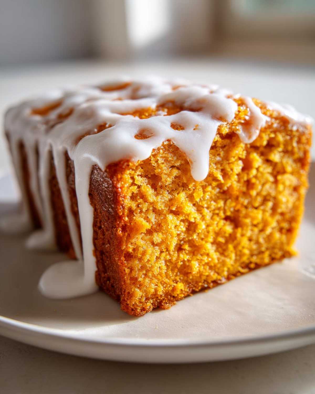 Close-up of a moist slice of sweet potato pound cake topped with thick white vanilla glaze.