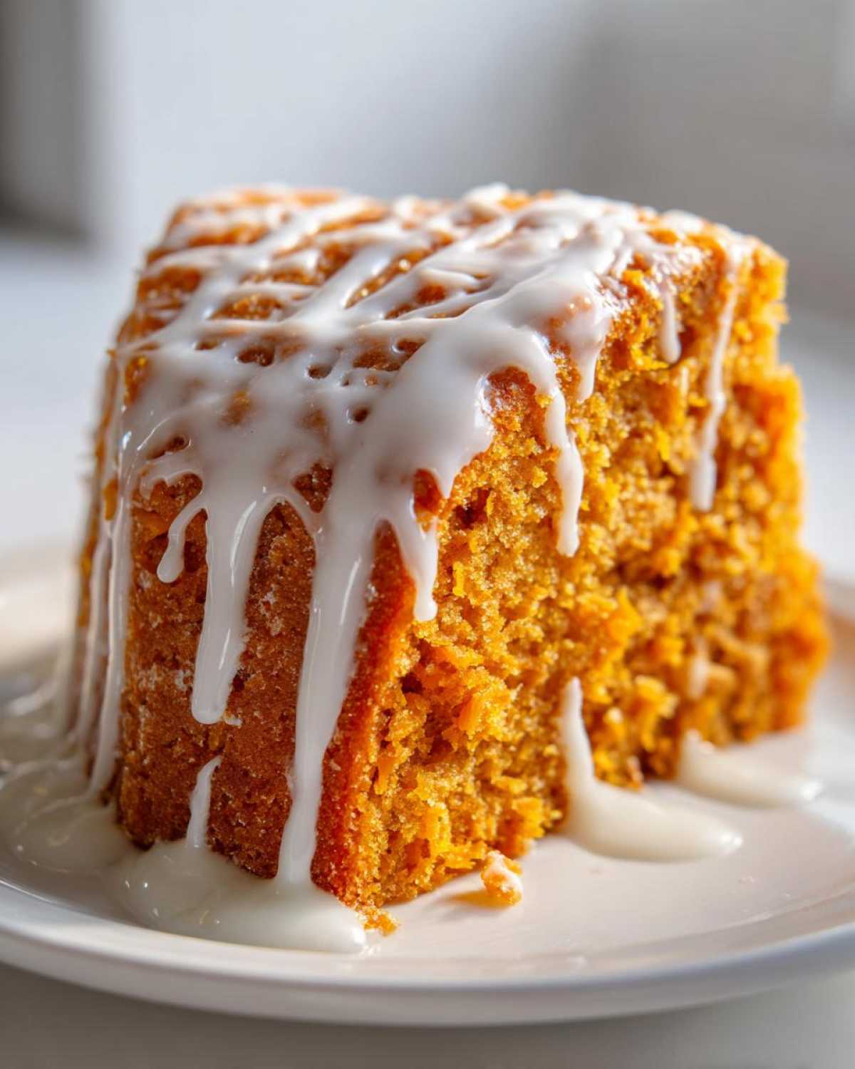 A close-up of a moist slice of sweet potato pound cake topped with thick white vanilla glaze.