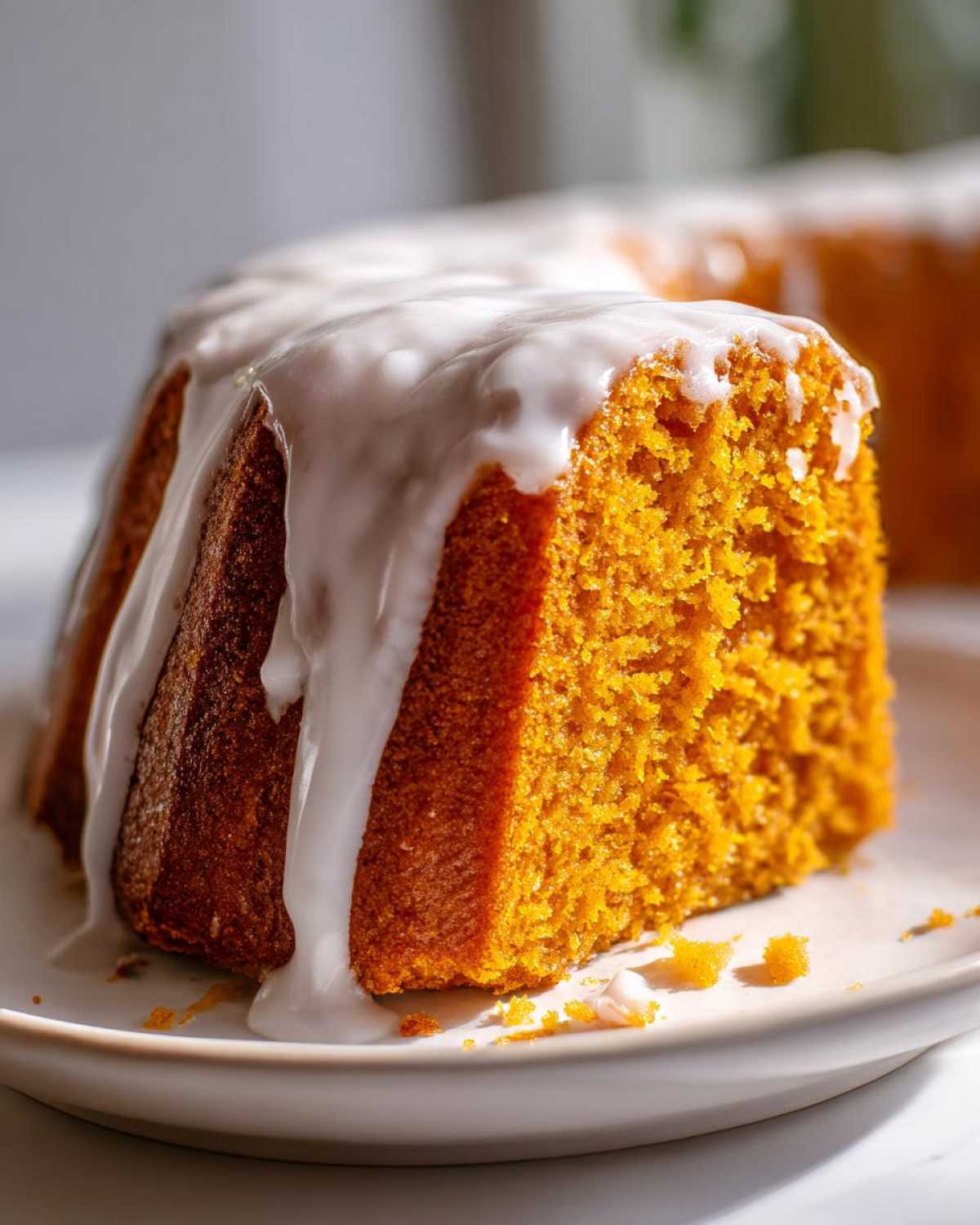 Close-up of a moist slice of bright orange sweet potato pound cake topped with thick white vanilla glaze.