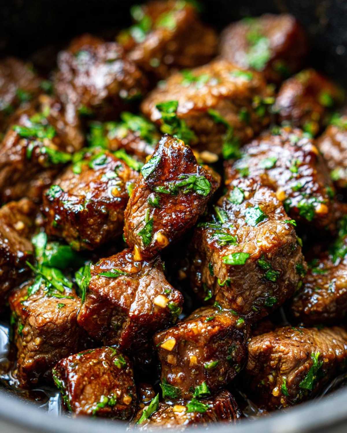 Close-up of tender crockpot steak bites coated in a rich, glossy sauce and sprinkled with fresh chopped parsley.