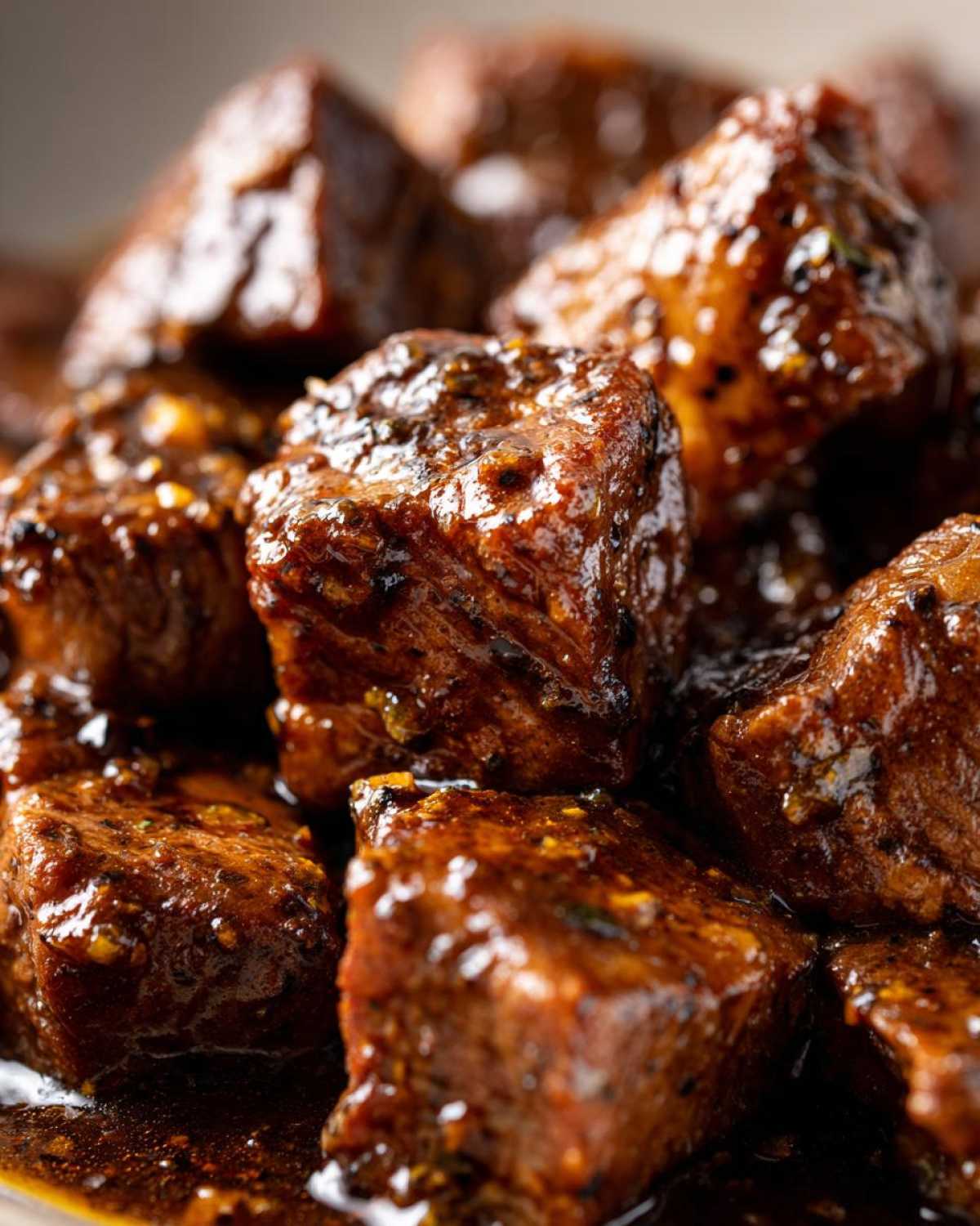 Close-up of rich, saucy, tender crockpot steak bites coated in a dark glaze.
