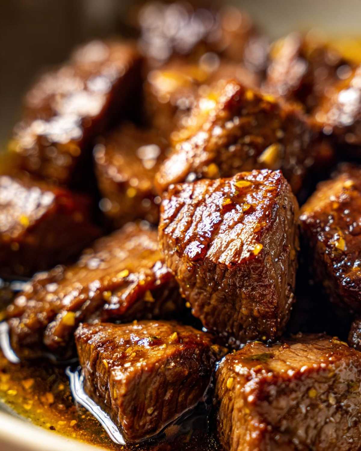 Close-up of tender, glazed crockpot steak bites soaking in a rich, savory sauce.