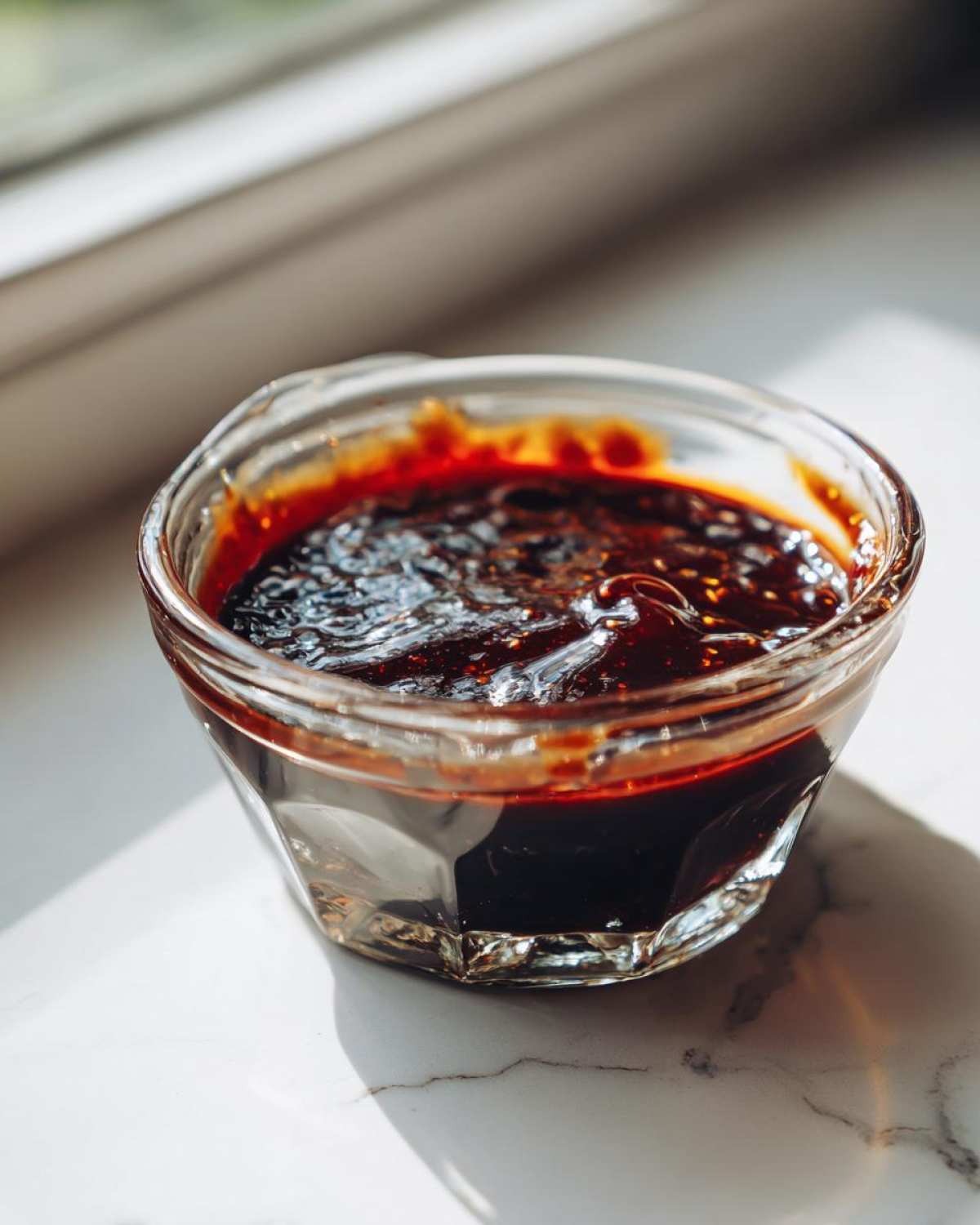 Close-up of thick, dark homemade teriyaki sauce glistening in a small glass bowl near a window.