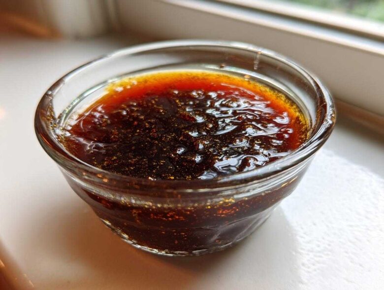 Close-up of thick, dark homemade teriyaki sauce with visible texture and sheen in a small clear glass ramekin.