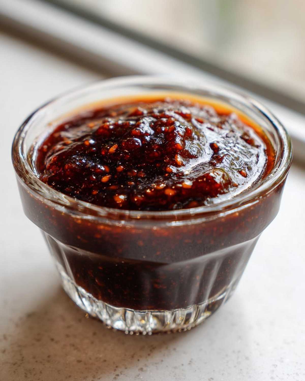 Close-up of thick, glossy homemade teriyaki sauce speckled with sesame seeds in a small glass ramekin.