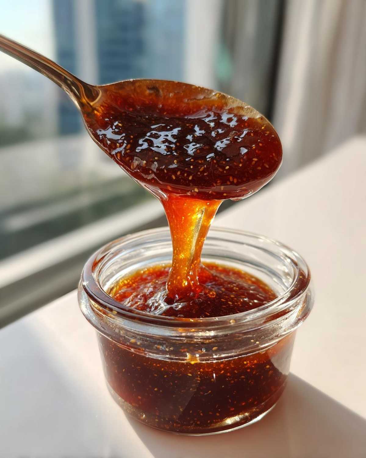 Close-up of thick, dark homemade teriyaki sauce dripping from a spoon into a small glass jar.