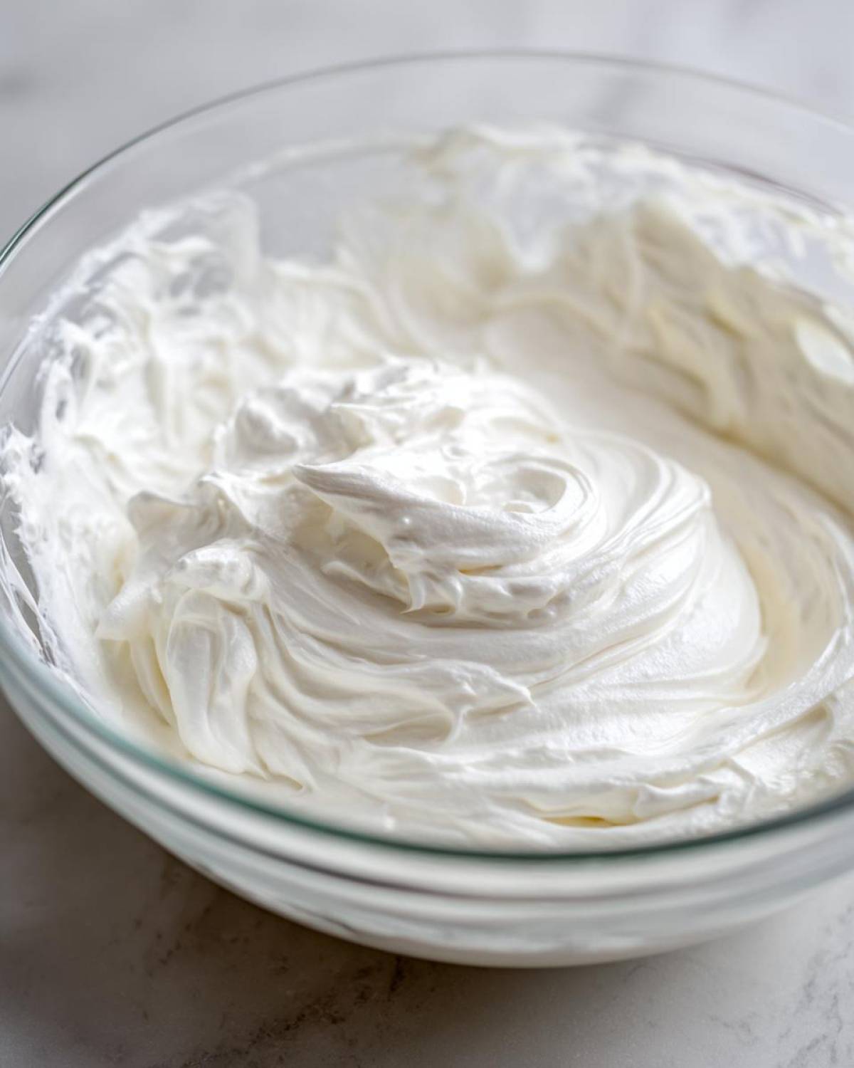 Close-up of thick, bright white, perfectly mixed royal icing recipe in a clear glass bowl.