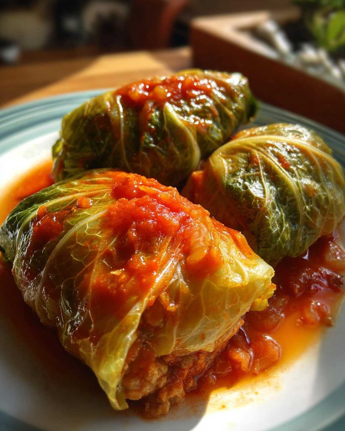 Three savory cabbage rolls served on a white plate and generously covered in a bright red tomato sauce.