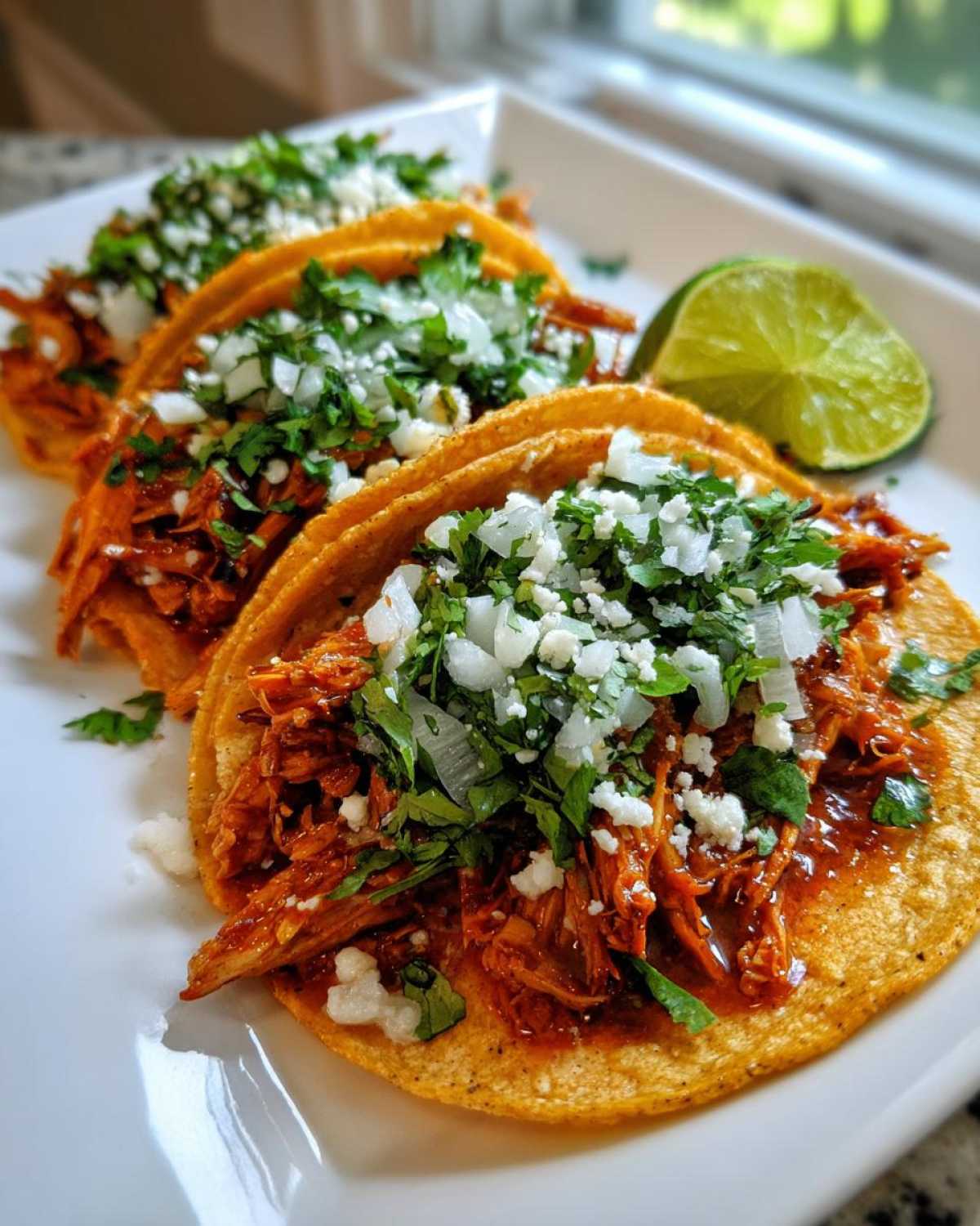 Three street-style chicken tacos filled with saucy shredded meat, topped with onions, cilantro, and cotija cheese, served with a lime wedge.