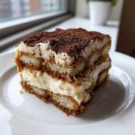 A rich slice of tiramisu cheesecake featuring layers of creamy filling and coffee-soaked ladyfingers, dusted with cocoa powder.