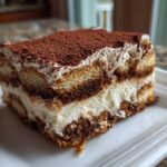 A rich, layered slice of tiramisu cheesecake dusted heavily with cocoa powder on a white plate.